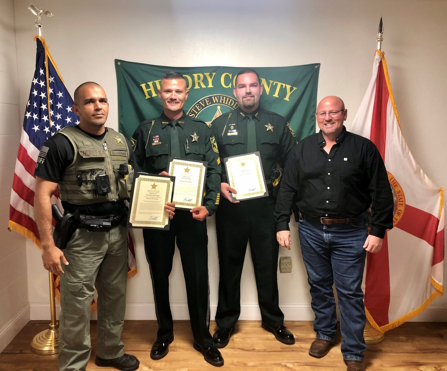 At the Oct. 6, Hendry County Sheriff's Office Quarterly Awards Ceremony Sgt.  Zachary Scelfo, Sgt.  Nester Echevarria and Sgt.  Allen Hudson were each presented with the “Medal of Valor”.